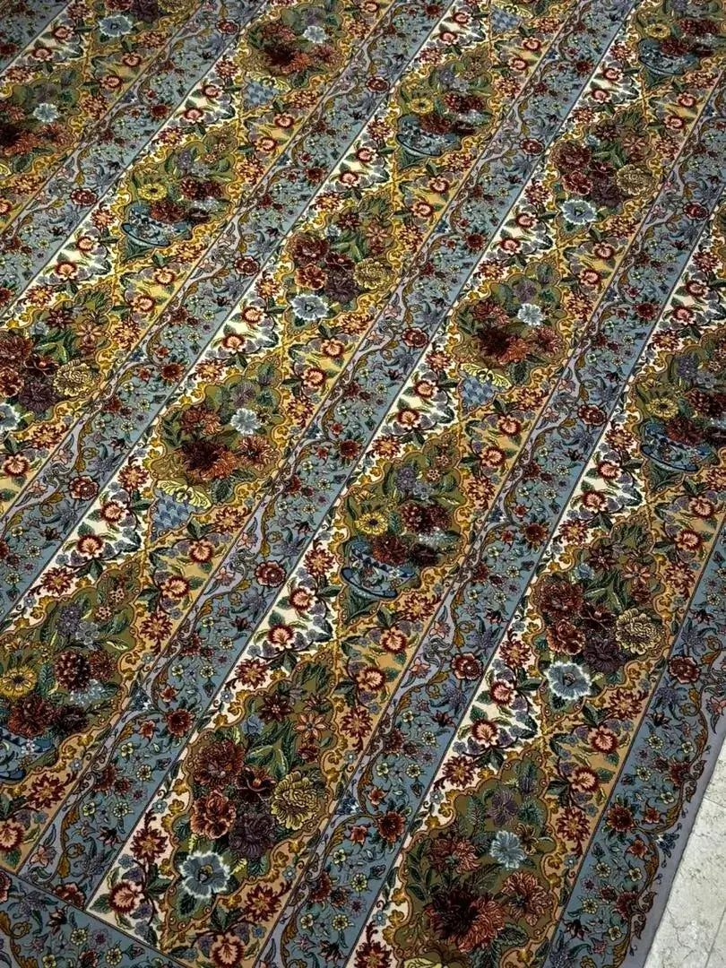 "Elegant Persian area rug, 11.6 feet x 8.2 feet, crafted by skilled artisans in Isfahan, Iran."